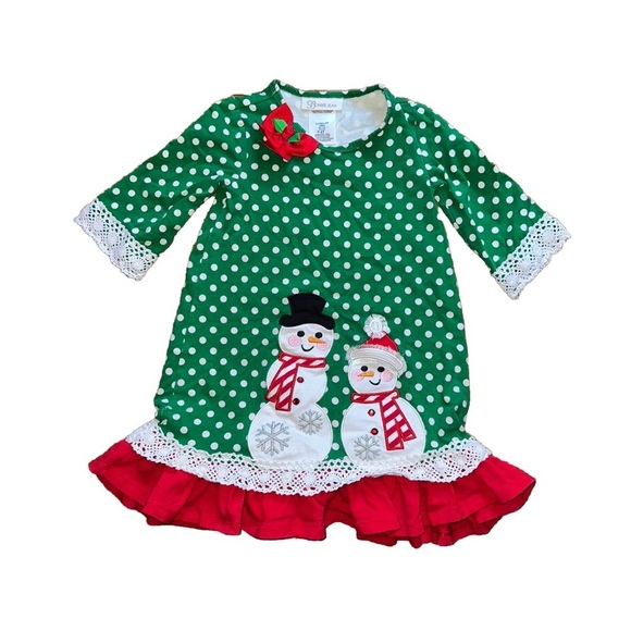 BONNIE JEAN GIRLS SNOWMAN FESTIVE DRESS SIZE 4T GREEN RED WHITE FRINGE POLKA DOT - Picture 1 of 6